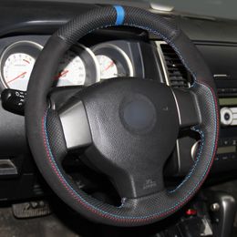 DIY Hand sewing Black Genuine Leather Black Suede Blue Marker Car Steering Wheel Cover for Old Nissan Tiida Livina Sylphy Note