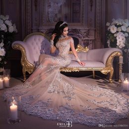 Gorgeous Luxurious Dubai Mermaid Wedding Dress with Overskirt High Neck Beads Applique Long Sleeves Crystals Wedding Dress Bridal Gown