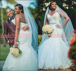 Beautiful African Lace Mermaid Wedding Dresses Plus Size Applique Sweetheart Beads Sash Country Arabic Bridal Gown Train Bride Dress Custom