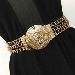 2019 Women Flower Waist Belts Fashion Ladies Floral Elastic Wide Gold Metal Belt For Dress Female Golden Chain Belt Girls