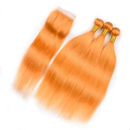 Peruvian Orange Colour Straight Hair Bundles with Closure Pure Orange Human Hair 3Bundles with Closure Orange Lace Closure 4x4 with Weaves