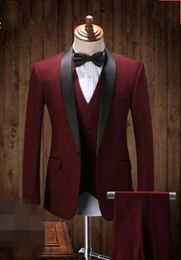 Handsome One Button Burgundy Groom Tuxedos Shawl Lapel Men Wedding Party Groomsmen 3 pieces Suits (Jacket+Pants+Vest+Tie) K136