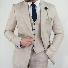 Slim fit Beige Men Suits Pinstripe Groom Wedding Tuxedos One Button Handsome Men Formal Blazer Suit(Jacket+Vest+Pants)