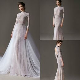 2020 Mermaid Wedding Dress With Detachable Train High Neck Appliqued Beaded Bridal Gown 3/4 Long Sleeves Open Back Ruffle Vestidos De Novia
