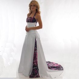 Elegant Halter Camo A Line Wedding Dresses Satin Ruched Sweep Train Bridal Wedding Gowns With Lace Up BC3340252d