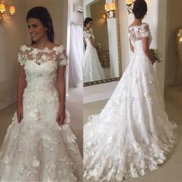 Setwell Jewel Sheer Neck A-line Wedding Dresses Short Sleeves Flowers Lace Appliques Floor Length Bridal Gowns