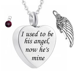 Engraved I Used to be his Angel, Now He's Mine - Cremation Jewelry Initial Necklace Keepsake Memorial Urn Necklace with Birthstone Crystal