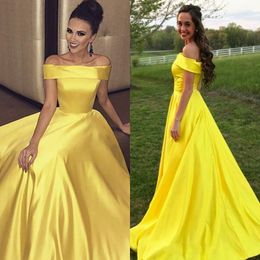 2019 Fashion Prom Dresses Simple Elegant Off the Shoulder Plain Satin Long Formal Evening Party Gowns with Pockets Zipper up Back