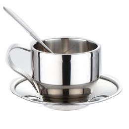 high quality stainless steel coffee cup saucer and spoon set stainless steel double wall coffee cups ZC0375