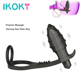Ikoky Dual Cock Ring Butt Plug Anal Dildo Vibrator Silicone Prostata Massager Vibrator G-spot Adult Products Sex Toys For Men Y190713
