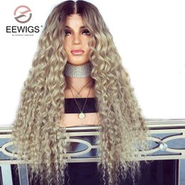 Stock Glueless Synthetic Lace Front Wig Ombre Blonde Wig Dark Root Long Deep Wave free part Lace Front Wig Heat Resistant