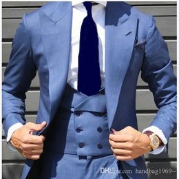 Latest Design One Button Light Blue Groom Tuxedos Peak Lapel Man Business Suit Blazer Coat Wedding Suits (Jacket+Pants+Vest+Tie) D:253