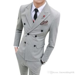 Handsome Double-Breasted Groomsmen Peak Lapel Groom Tuxedos Men Suits Wedding/Prom/Dinner Best Man Blazer(Jacket+Pants+Tie) B163