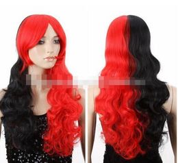 FREE SHIPPIN + + New Women Cosplay Long Curly Wavy Lolita Red Black Hair Half Anime Fashion Wigs