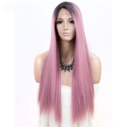 Ombre pink color Simulation Human Hair Wigs Straight Pre Plucked Hairline Baby Hair 8-26 Inch 13x4 150% Synthetic Lace Front Wigs