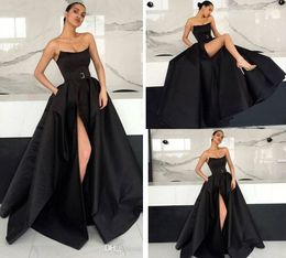 2019 Satin Black Prom Dresses Strapless A Line Sexy High Side Split Sash Sweep Train Evening Dress Custom Made Formal Party Gowns