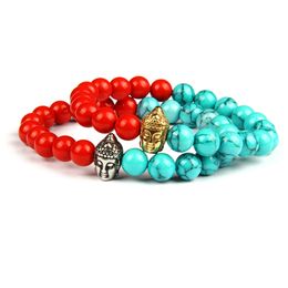 Stainless Steel Gold Silver Jewelry Double Face Buddha Distance Bracelet With Cinnabar And Blue Stone Beads Drop Shipping
