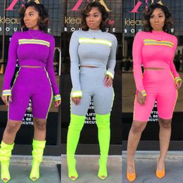 Wholesale Reflective Tape Tracksuit Women Letter Printed Embroidery Crop Top Shorts 2pcs/set Summer Bodycon Clothing Set