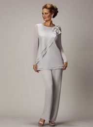 Sexy Plus Size Silver Mother's Pants Suit For Mother of The Bride Groom Beaded Chiffon Wedding Party Evening Gowns Prom Dress