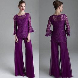 Classy Purple Lace Mother Of The Bride Pant Suits Sheer Jewel Neck Long Sleeves Wedding Guest pantsuit Plus Size Mothers Groom Dresses