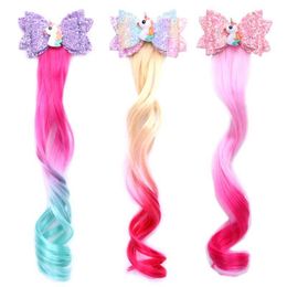 Children's Hair Clips Unicorn Gradient Wig Bow Top Hair Clip Baby Wings Princess Flash Hair Accessories long Wig Barrettes 4 Colour