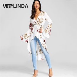 Vestlinda Women Bell Sleeve Floral High Low Fishtail Top Blouse Fashion Casual Plunging Neck Long Sleeves Long Blouses Blusas J190619