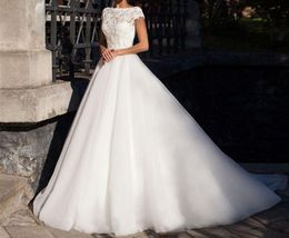 Lace Wedding Dresses with Beaded Sash Vintage Open Back Short Sleeves Plus Size Puffy Bridal Gowns