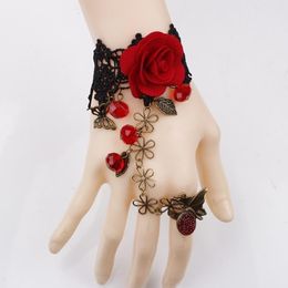 Fashion Jewellery red rose flower cane temperament of crystal lolita lace bracelet with ring one opisthenar Jewellery love Jewellery