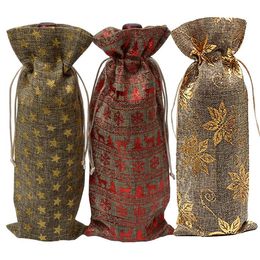 Christmas Decoration Wine Bags Linen Drawstring Dustproof Wine Bottle Packaging Bag Elk Snowflake Printed Champagne Pouches Party Gift SN166