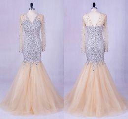 Luxurious Crystals Beads Mermaid Evening Dress Tulle Long Sleeves Double V-neck Pageant Prom Dress Long Formal Gowns Women Plus Size