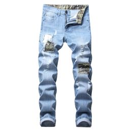 -Männer Jeans Patchwork Mode Casual Slim Design Gezackte verzweifelte Camouflage Denim Größe28-42