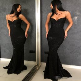 Simple Black Sequins Mermaid Prom Dresses 2019 Custom Made Plus Size Spaghetti Straps Sweep Train Formal Evening Wear