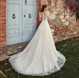 Eddy K 2019 Wedding Dresses Jewel Long Sleeves Lace Appliques Garden Bridal Gowns Button Back Sweep Train Country A-Line Wedding D253I