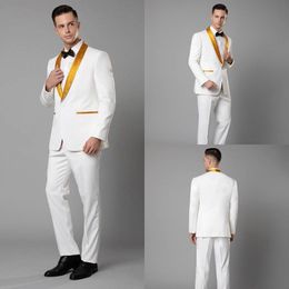 White Groom Wedding Tuxedos Gold Shawl Lapel One Button Mens Pants Suits Best Man Slim Fit Blazer (Jacket+Pants)