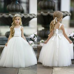 2020 White Flower Girls Dresses Princess Tulle Strap Girls Wear for Wedding 3D Flower Bow Ribbon Long Length Girls Pegeant Dress