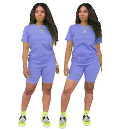 Women Two Piece Tracksuit Solid Colour Casual Short Sleeve Crew Neck T-shirt and Tight-fitting Shorts Sport Outfit