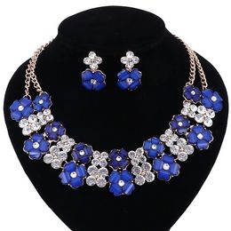 Fashion Necklace Earrings Resin Flower Jewelry Sets For Women Wedding Bridal Party Accessories Crystal Pendant Sets