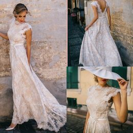 2020 Vintage Champagne Lace Bohemian Wedding Dress A Line Cap Sleeve Sexy Backless Bridal Gown Sweep Train Vestidos de Novia 4507