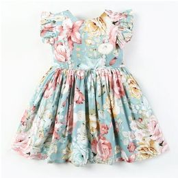 New Summer fly sleeve lovely pure cotton print Baby girl skirt lace dress Flower Print high quality Kids Clothing