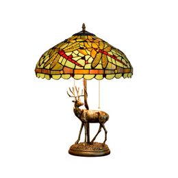 Tiffany Style Lotus Leaf Dragonfly Table Lamp Stained Glass With Elk Desk Lamp Home Restaurant Cafe Decorative Art Table Light