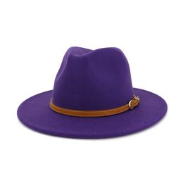 Women Men Wide Brim Panama Fedora Woollen Felt Hats Casual Trilby Gambler Hat Jazz Party Formal Hat with Belt Buckle