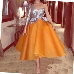 -Vestidos de cocktail elegantes 2019 laranja puffy chá-comprimento pré-comprimento festa vestido de festa organza saia homecoming vestidos de um ombro vestidos de festa