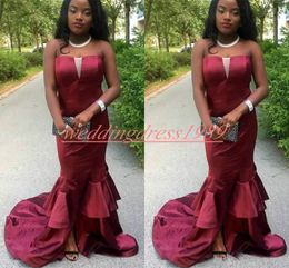 Stunning Strapless Ruffle Split Prom Dresses Mermaid Satin African Juniors Pageant Robe De Soiree Evening Gowns Celebrity Special Occasion