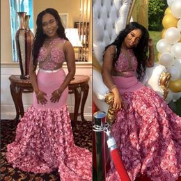 2020 African Black Girls Pink Floral Prom Dresses Mermaid Sexy Sheer Sleeveless Beaded Lace Party Gowns With 3D Flowers Train