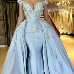 Luxury Beads Overskirt Mermaid Evening Dresses Plus Size Arabic Sexy Off Shoulder Party Prom Dresses Formal Pageant Gowns Robe De Soiree