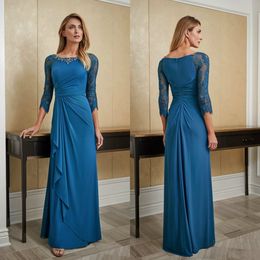 2020 Teal Blue Mother of the Bride Dresses for Wedding 3/4 Long Sleeve Evening Gowns Pleated Lace Jewellery Chiffon Wedding Guest Dress