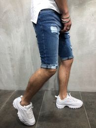 Fashion-Denim Blue Mens Shorts Summer Half Length Ripped Skinny Slim Fit Street Teenager Shorts