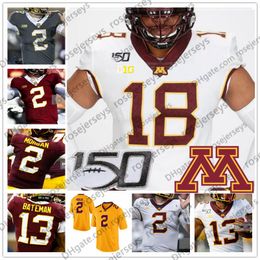 American College Football Wear Custom Minnesota Golden Gophers 2020 Football 0 Rashod Bateman 2 Tanner Morgan 150TH NCAA Jersey Any Number Name White Grey Yellow R