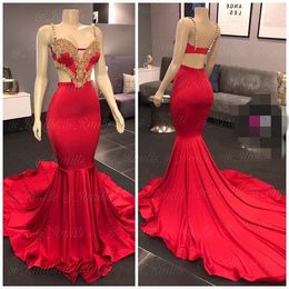 2020 Red Mermaid Prom Dresses Gold Lace Applique Beaded Crystal Spaghetti Straps Sweep Train Backless Custom Made Evening Party Gowns