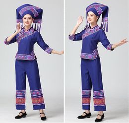 HuNan tujia miao Outfit Hat + Jacket + Pants Guangxi zhuang Garment minority dance dress Lady Enthnic Vacation party costume